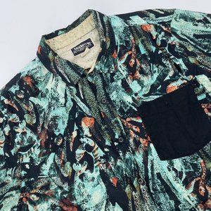 Modern Amusement L Men's Blue Black Patterned Button Down Short Sleeved Shirt